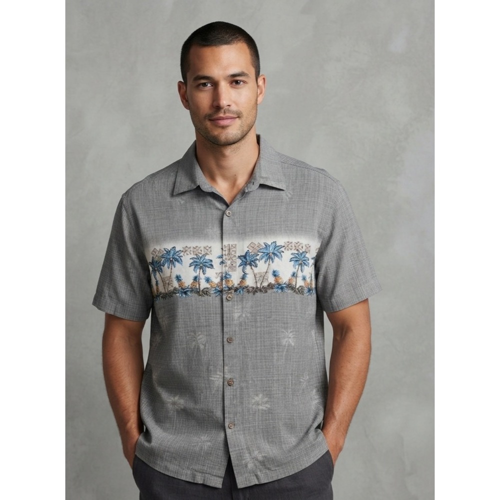 Campia Moda Tropical Palm Tree Pineapple Hawaiian Button Down Shirt Gray Large